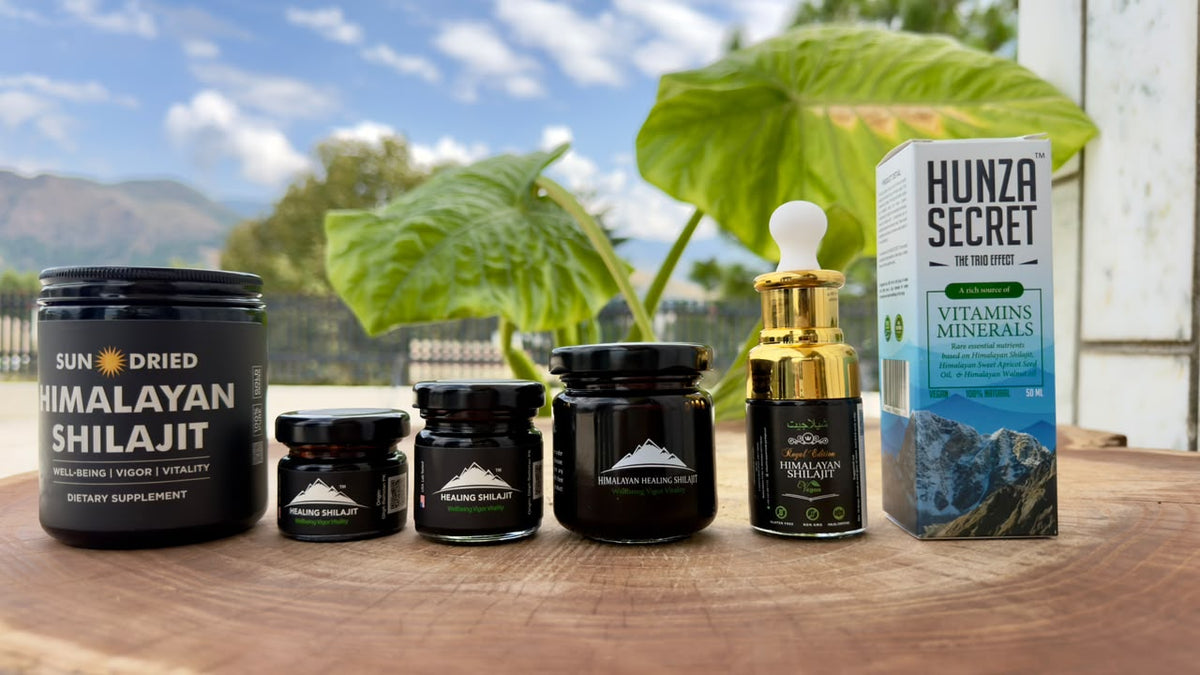 Himalayan Healing shilajit range: Sun-Dried Himalayan Shilajit, Healing Shilajit resin jars, Himalayan Healing Shilajit resin, Royal Edition Himalayan Shilajit drops and Hunza Secret
