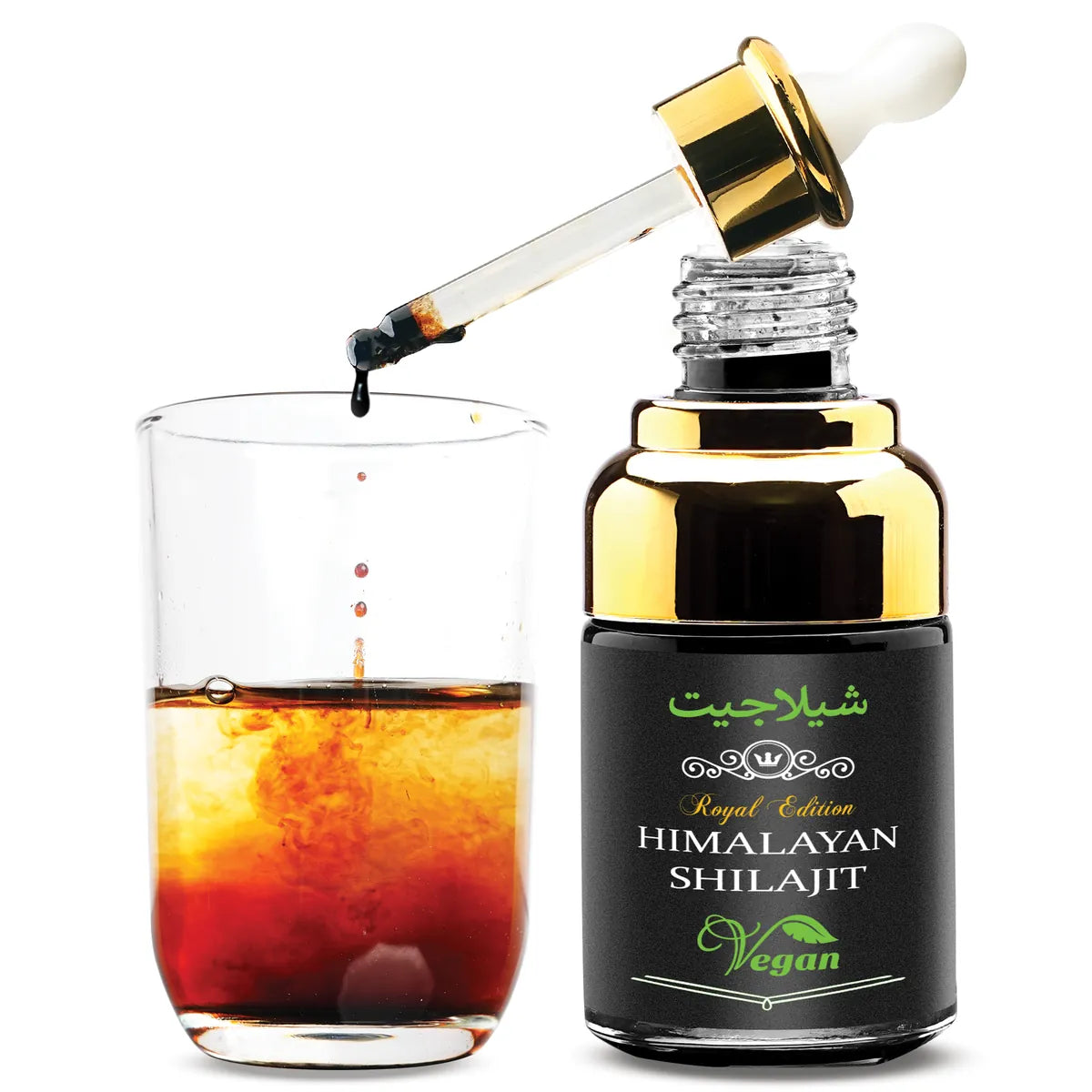 Shilajit drops dissolving in a glass of water