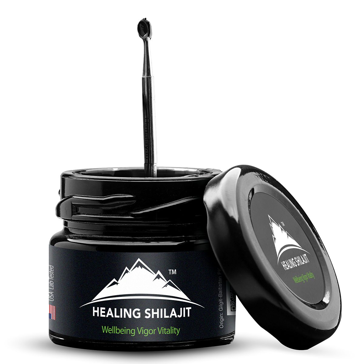Pure Himalayan shilajit resin jar with stainless spoon