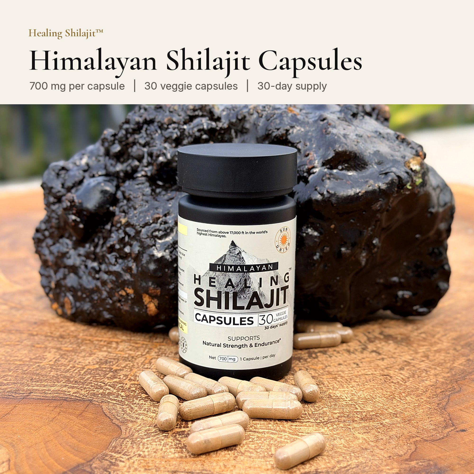 Sun-Dried Himalayan Shilajit Powder Capsules — 700 mg, 30 Veggie Capsules
