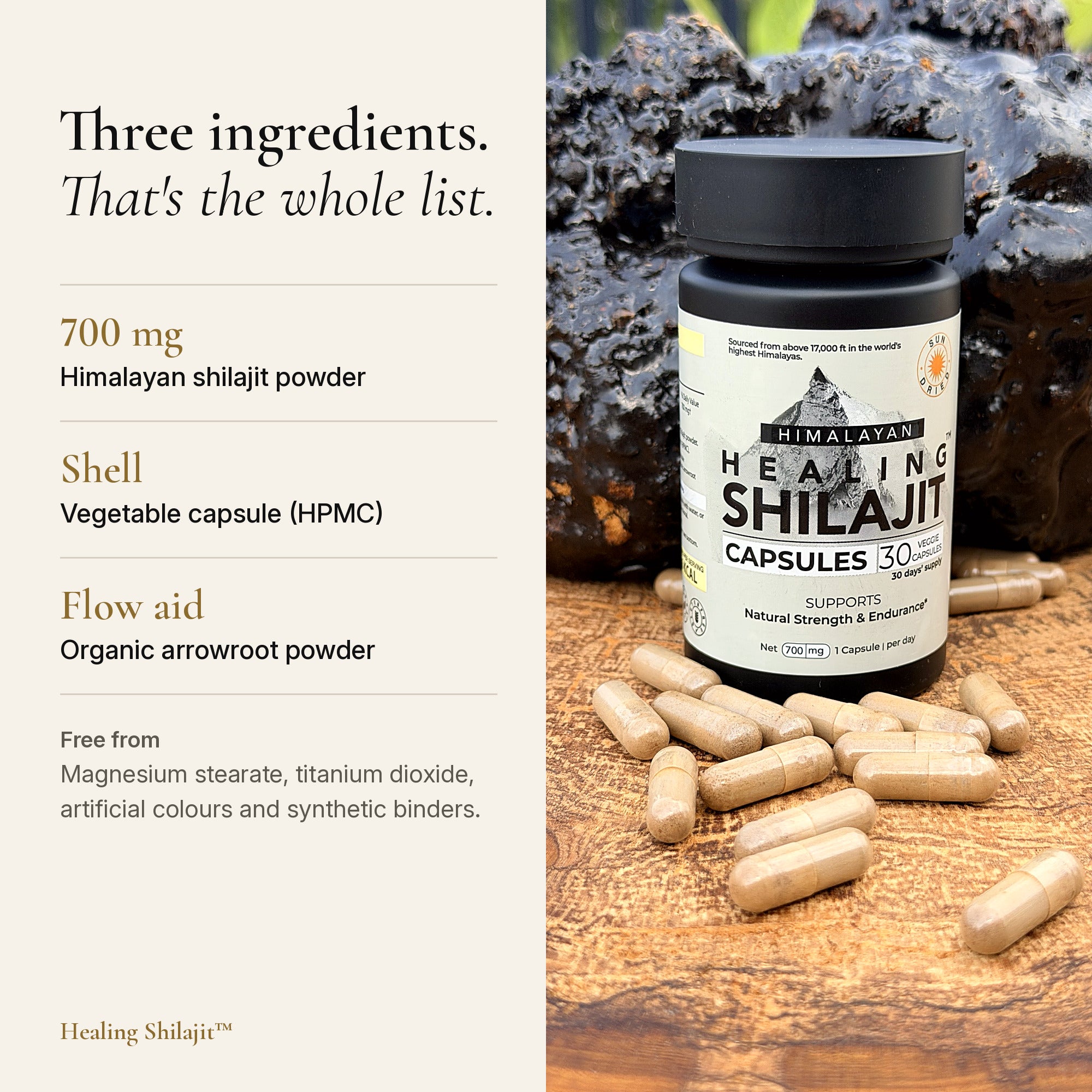 Sun-Dried Himalayan Shilajit Powder Capsules — 700 mg, 30 Veggie Capsules