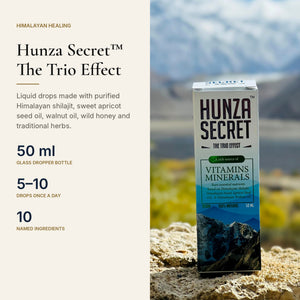 Hunza Secret The Trio Effect: liquid shilajit drops, 50 ml, 5 to 10 drops once a day