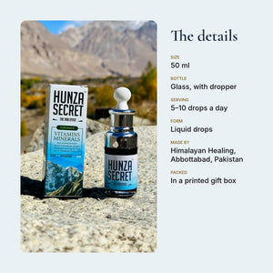 Hunza Secret details: 50 ml glass dropper bottle in a printed box, made by Himalayan Healing