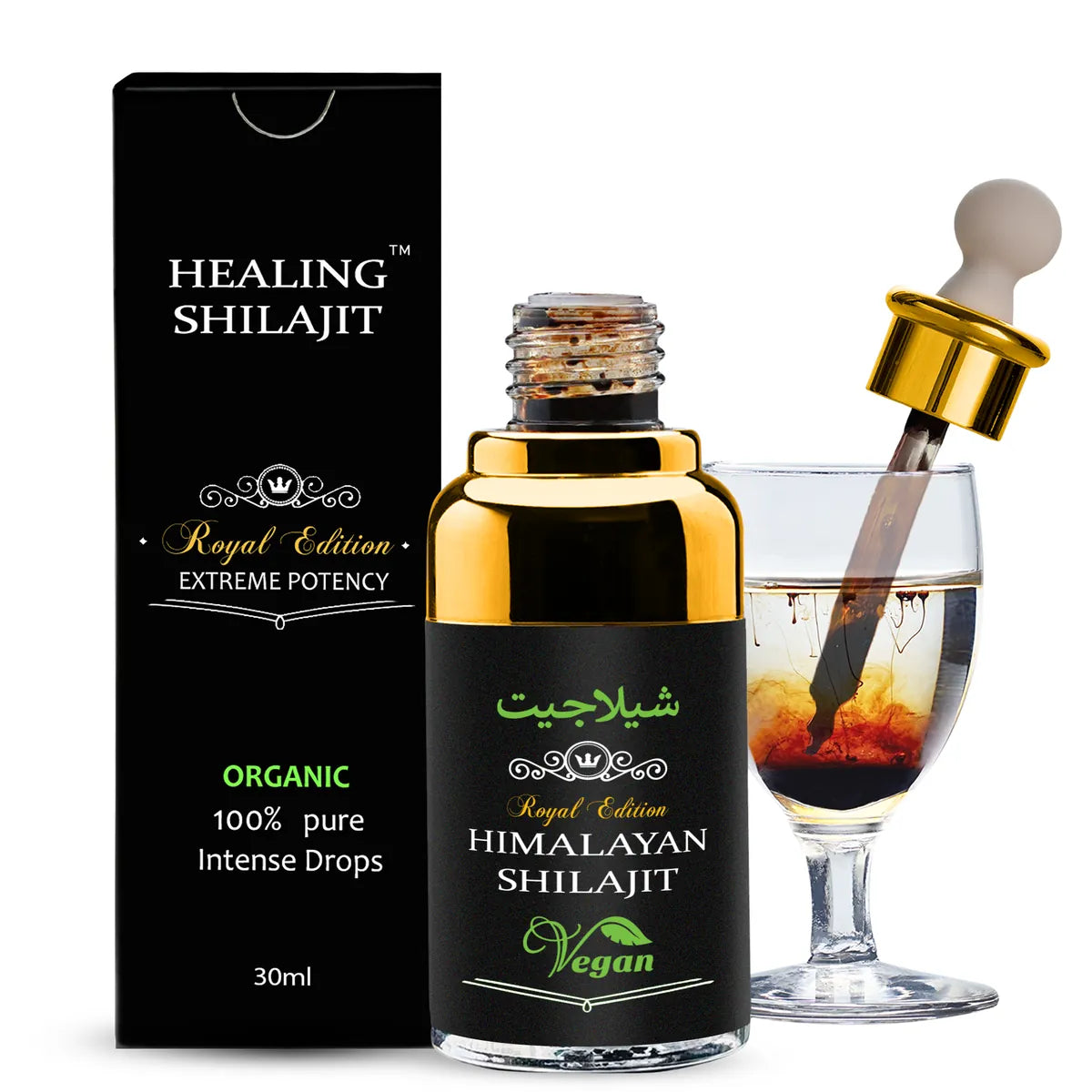 Shilajit drops 30ml box and bottle with the dropper in a glass of water